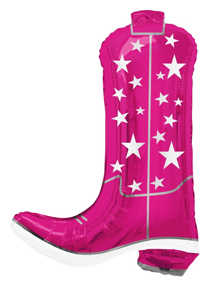 Pink foil balloon shaped like a cowboy boot with white stars and stitched details.