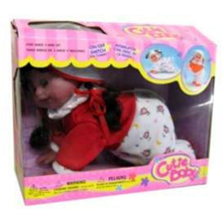Crawling baby doll wearing red hoodie and white pants with colorful prints in pink box packaging.