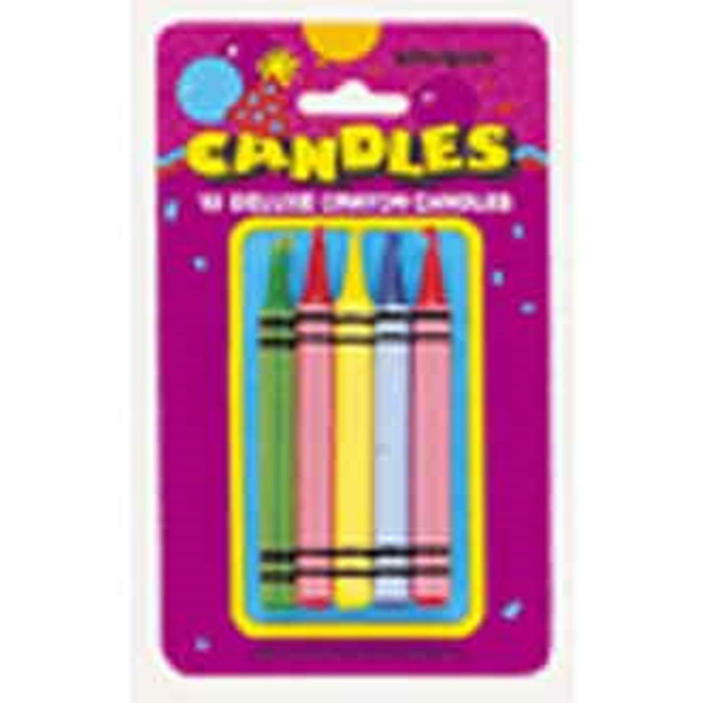 Set of 10 colorful crayon-shaped birthday candles in pink, green, yellow, blue, and white on purple backing.