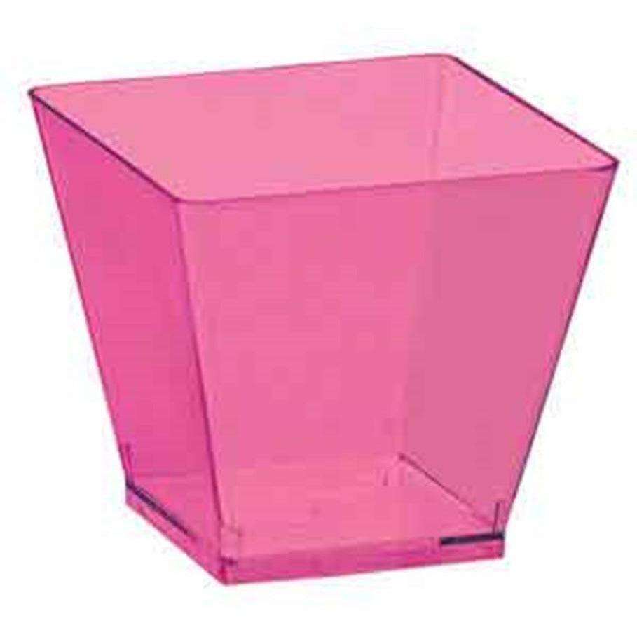 Bright pink translucent cube-shaped mini container with tapered sides.