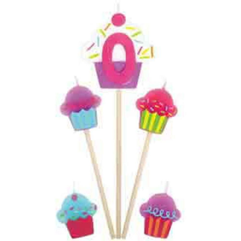 Number 0 cupcake birthday candle pick with colorful sprinkle accents and four mini cupcake decorations on sticks.