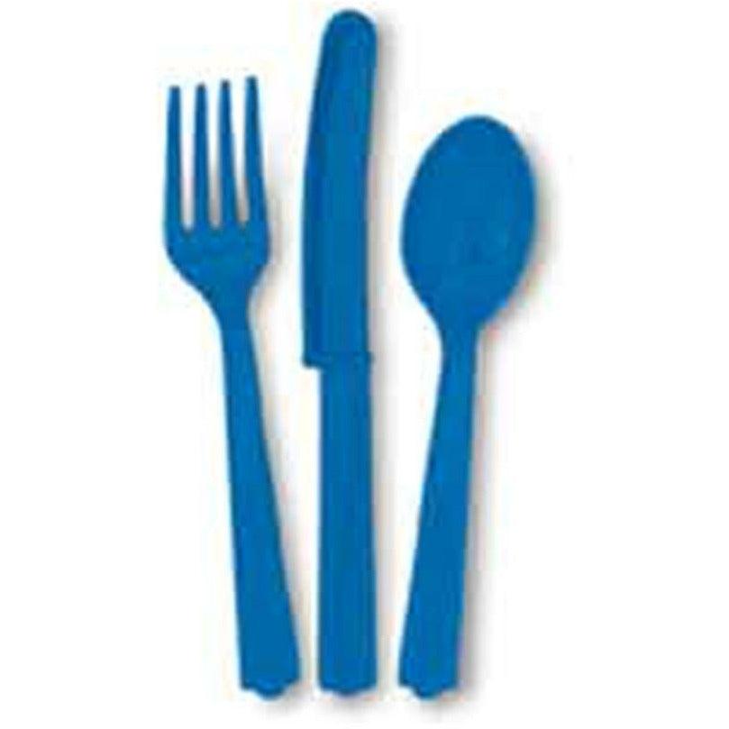 Set of royal blue plastic cutlery including fork, knife, and spoon.