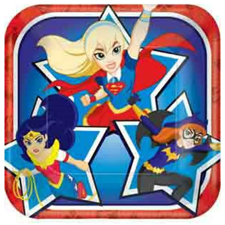 Square paper plate featuring Supergirl, Wonder Woman, and Batgirl with red border and blue background star design.