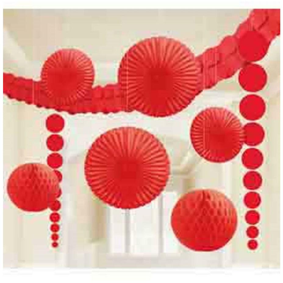 Red paper fan and honeycomb hanging decorations in varying sizes for party decor.