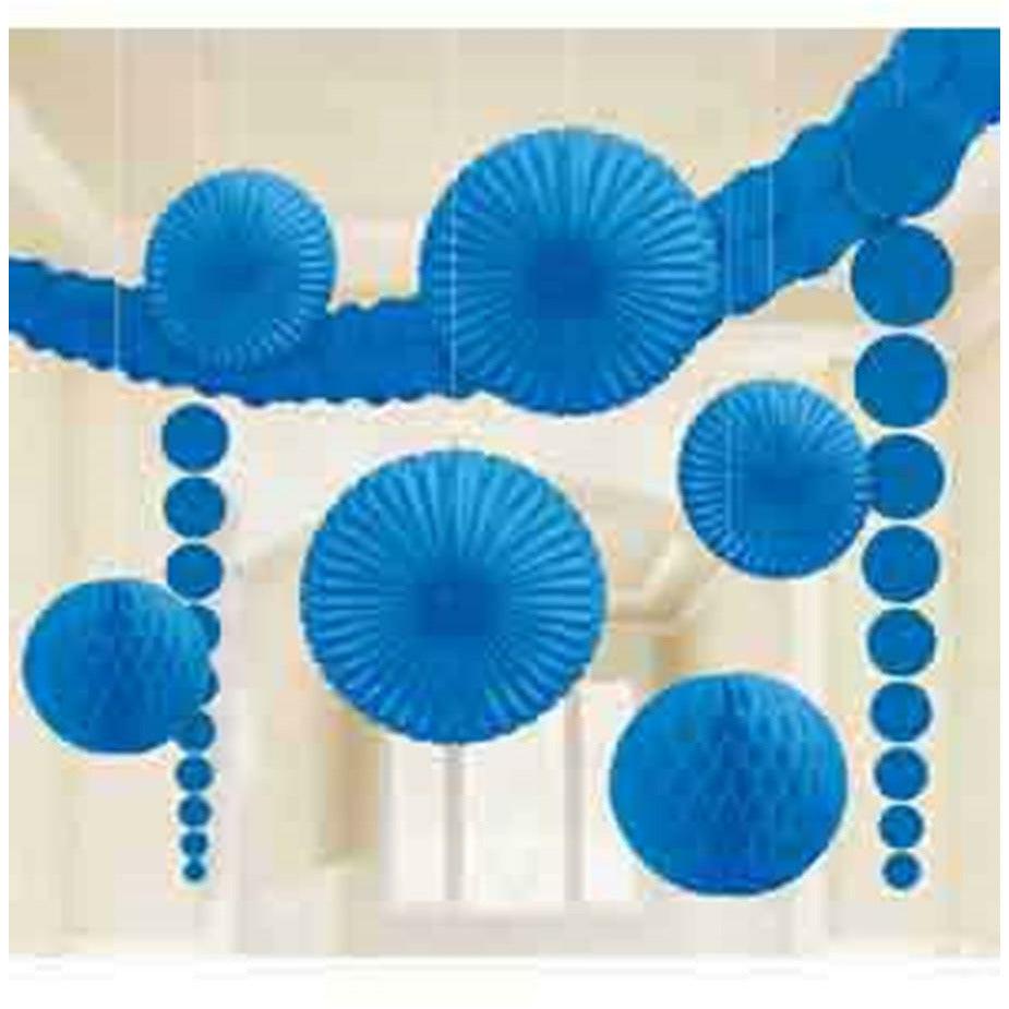 Bright royal blue paper fan decorations and honeycomb balls hanging on strings.