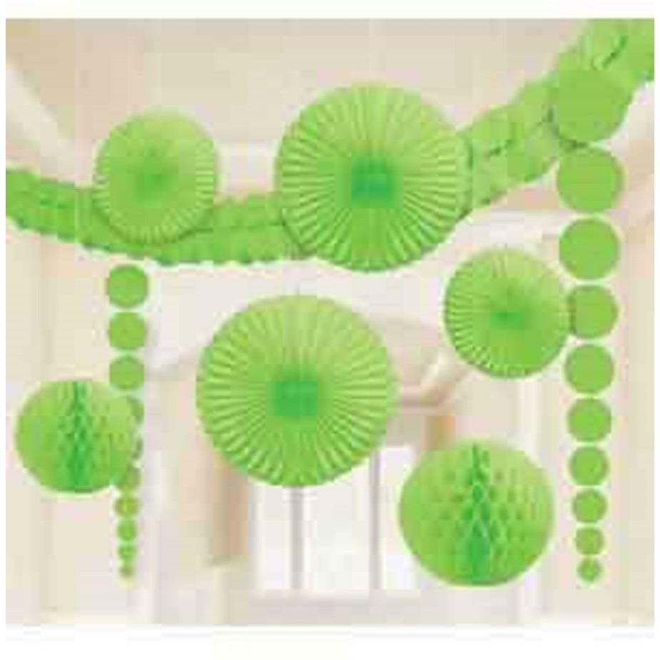 Nine-piece party decoration set in lime green with honeycomb balls and paper fans hung on strings.