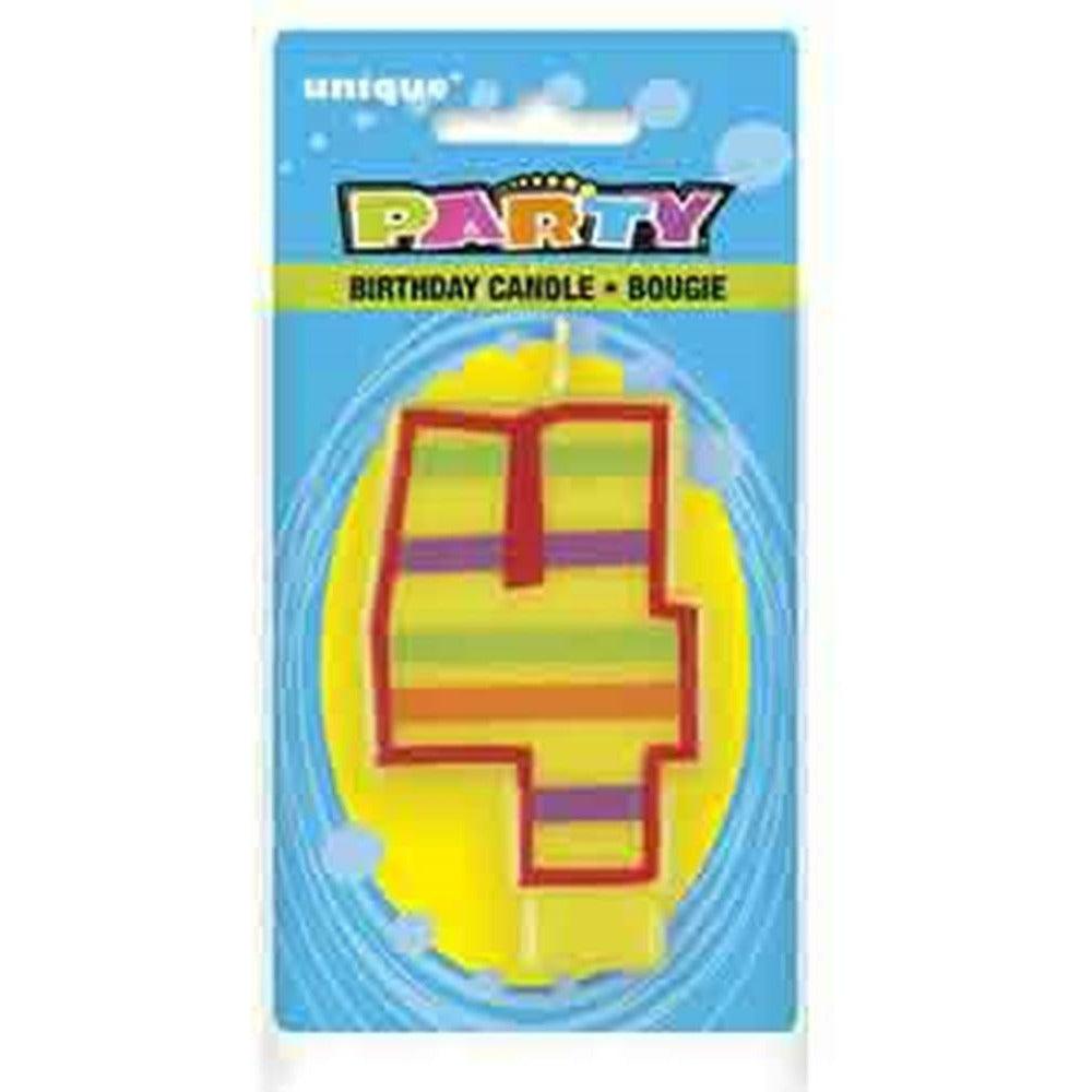 Decorative birthday candle shaped like number 4 with yellow, red, and pink stripes in blue packaging.