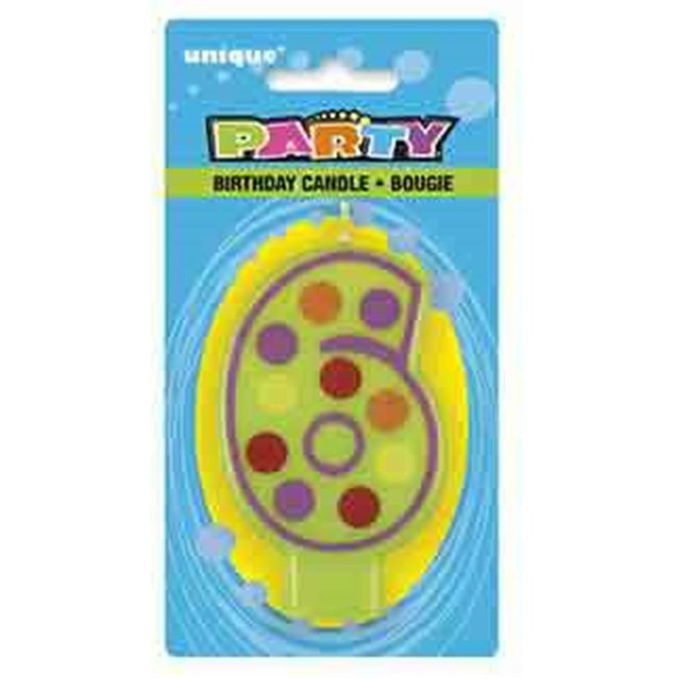 Yellow number 6 birthday candle with colorful polka dots in clear plastic packaging.