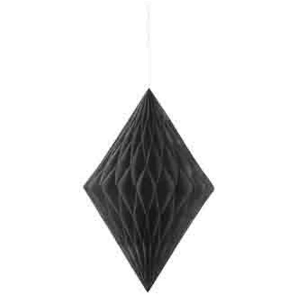 Black diamond-shaped honeycomb paper decoration hanging by a white string, 14 inches tall.