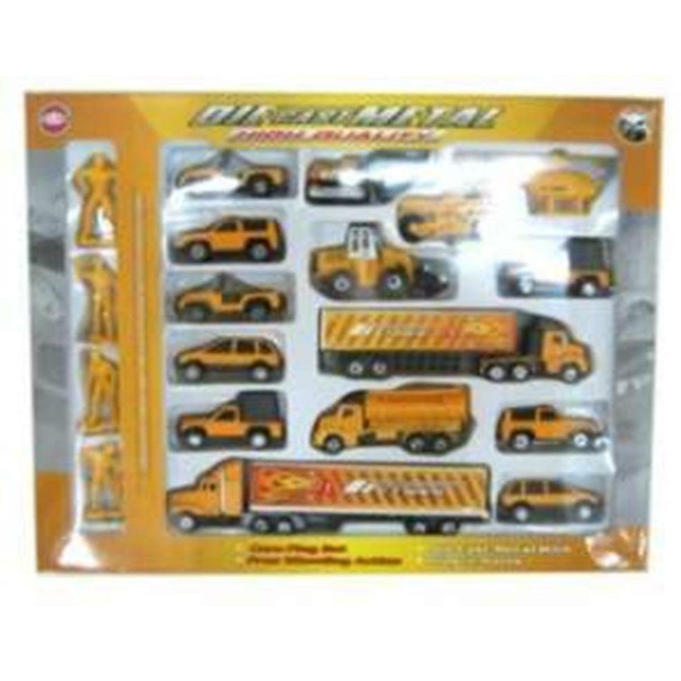 Die cast construction vehicle set with trucks, excavators, and cranes in yellow and black colors.