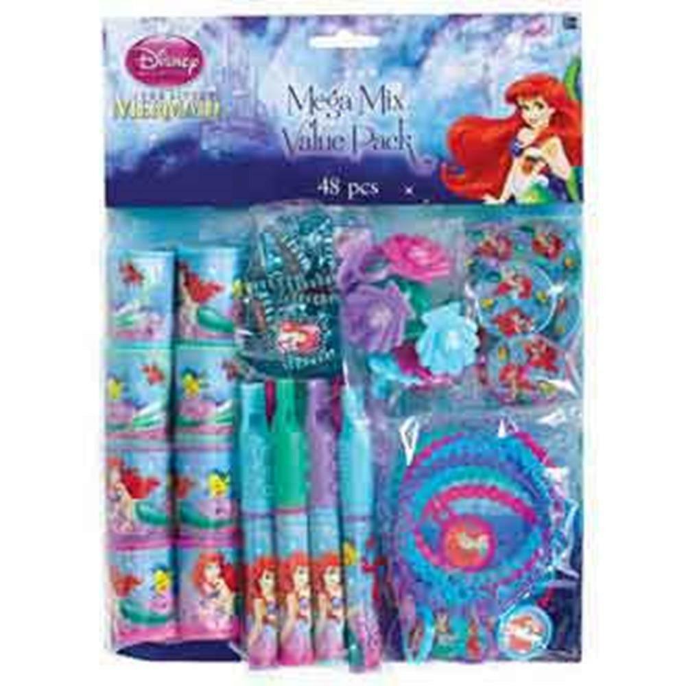 Disney Ariel Mega Mix Favor Pack with cups, plates, napkins, and party blowers in blue and purple tones.