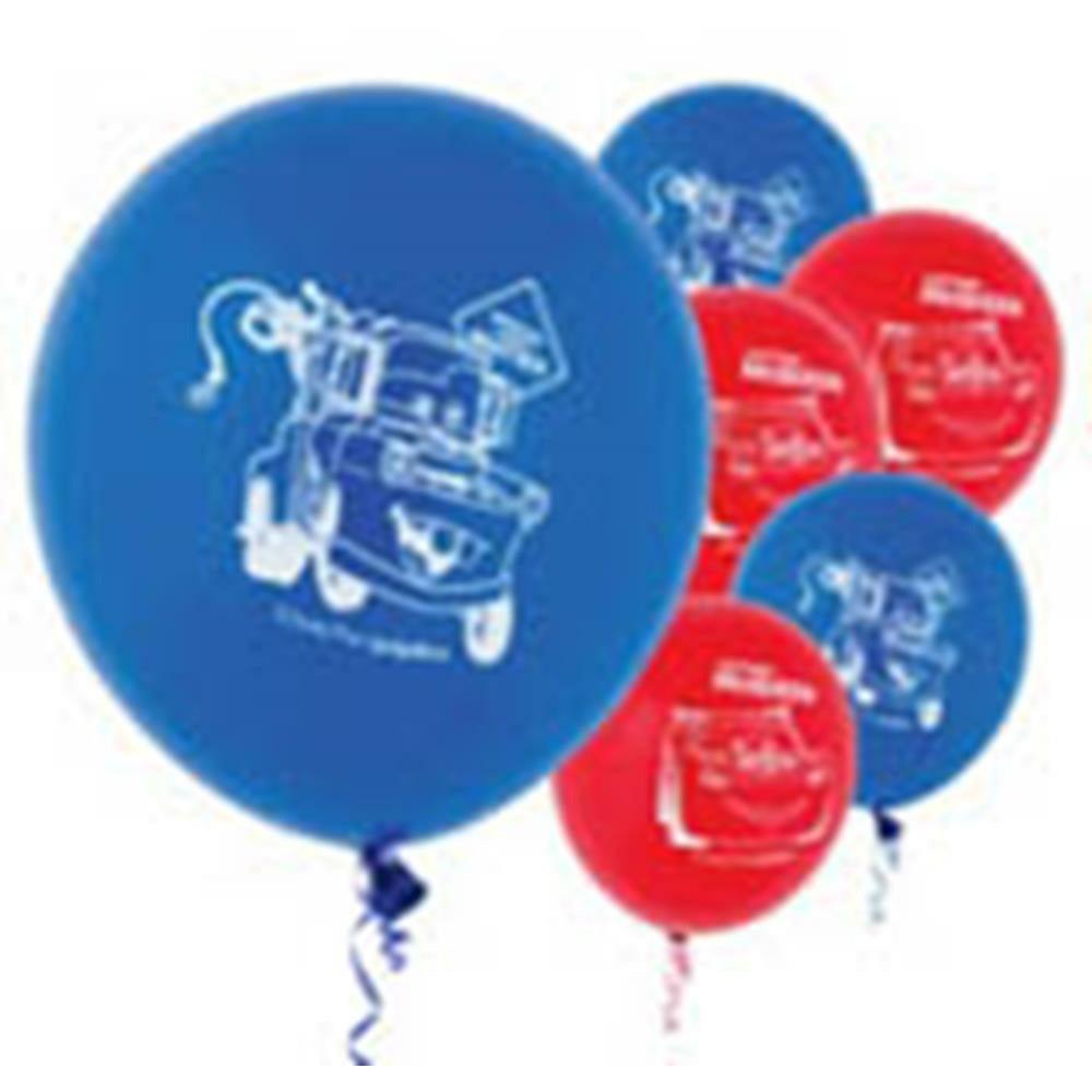 Blue and red 12-inch latex balloons featuring white Disney Cars 2 character designs and curly ribbons.