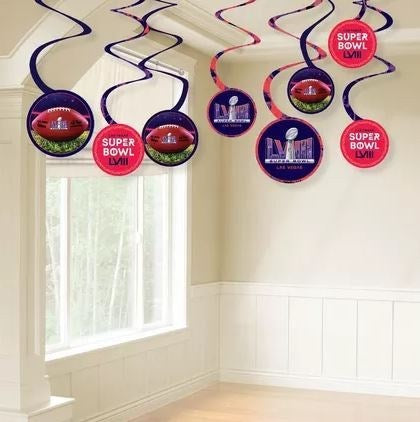 Set of 12 spiral ceiling decorations in red, blue, and purple with Super Bowl LVII logos and football-themed medallions.