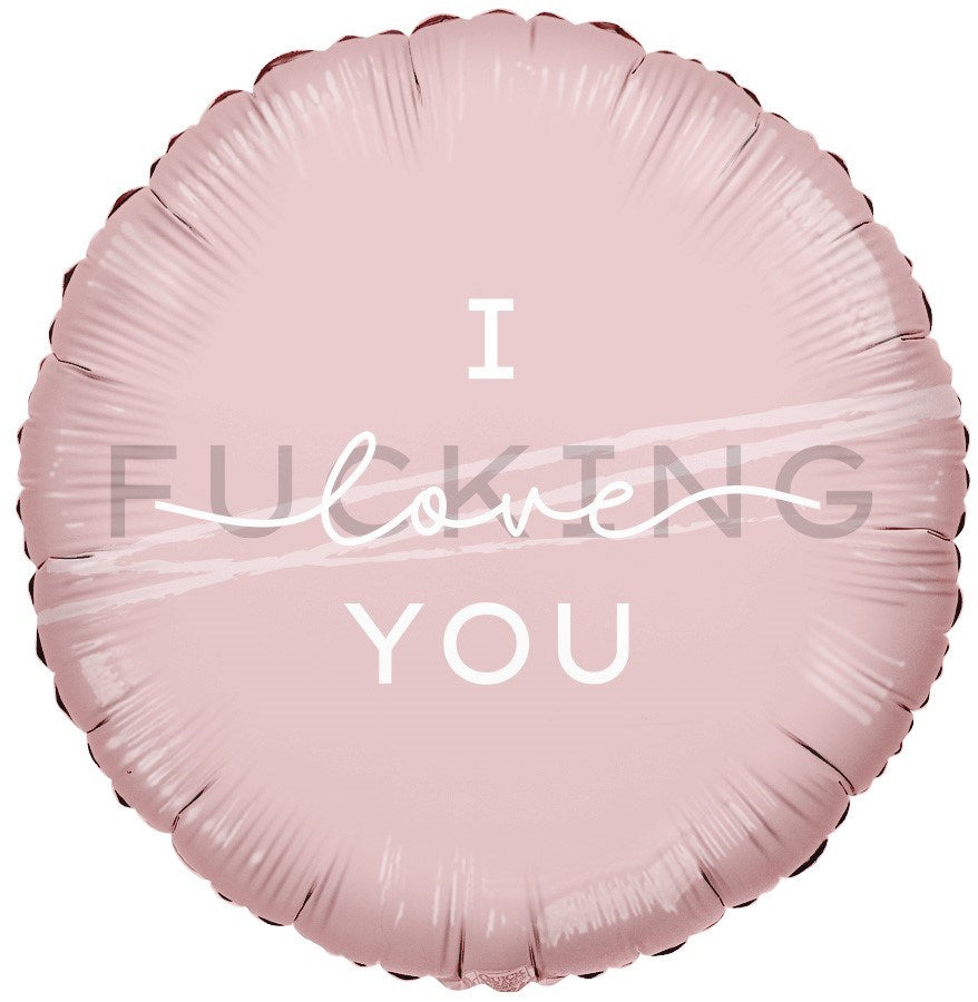 Round pink foil balloon with "I Love You" text in white and cursive script, 18 inches wide.