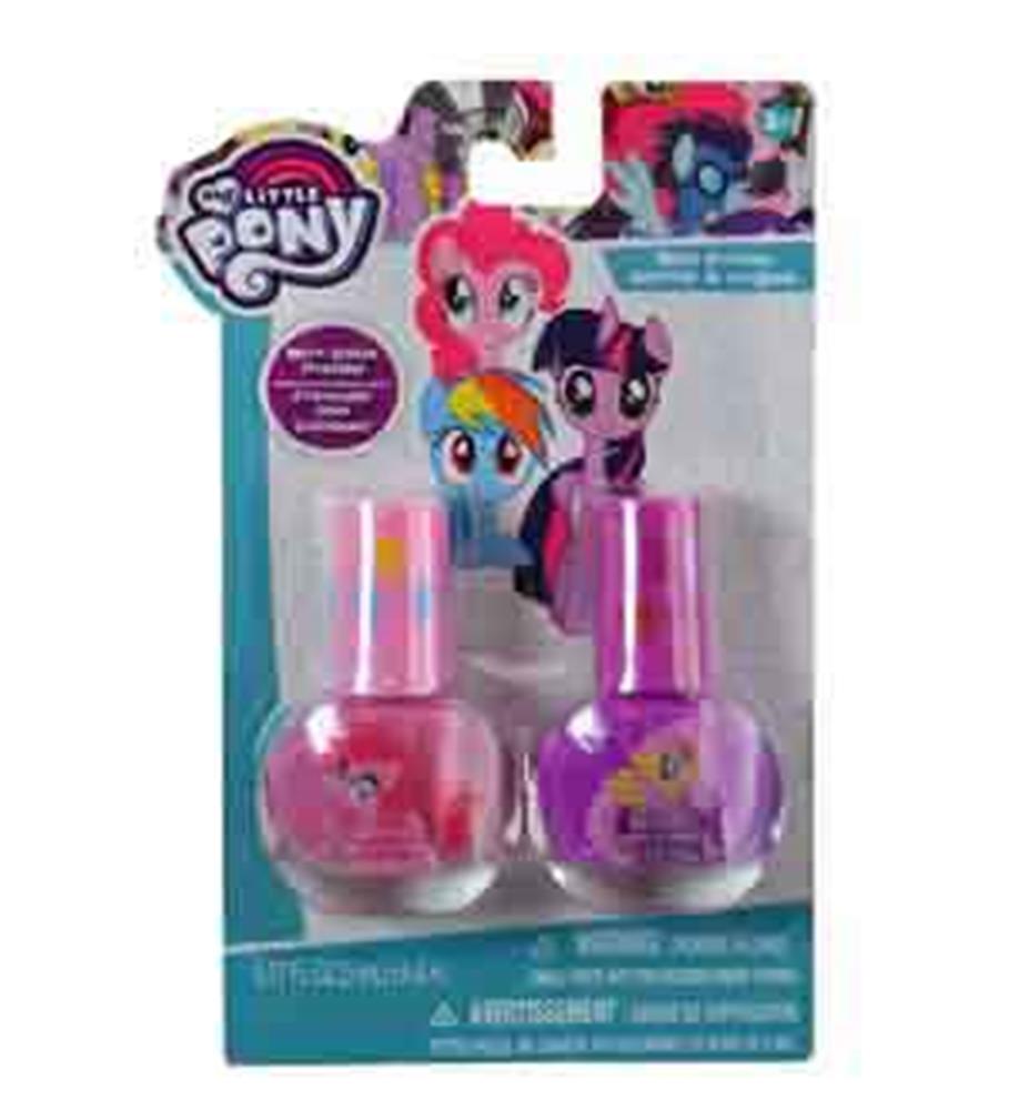 Two My Little Pony nail polish bottles in pink and purple, featuring character designs on round glass bottles with matching.