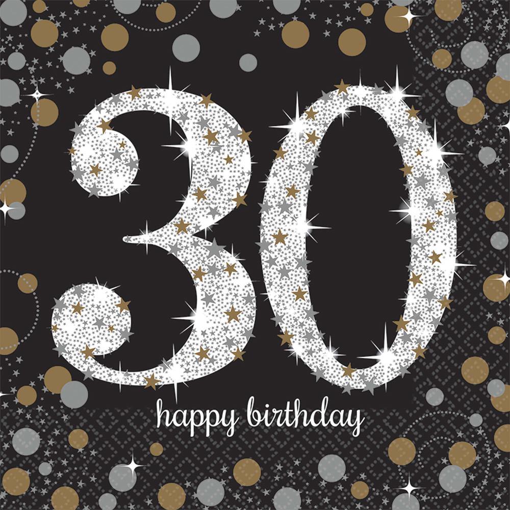 Black napkin with large sparkling silver "30" and "happy birthday" text, decorated with gold and silver dots.