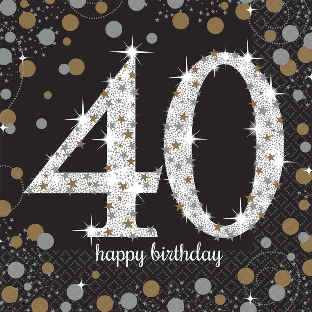 Black napkin with large sparkling silver "40" and "happy birthday" text, surrounded by gold and silver confetti dots.