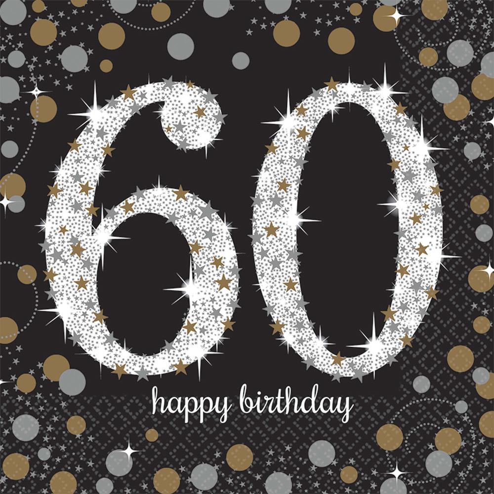 Black birthday napkin with large sparkling silver "60" and gold, silver, and white confetti dots.