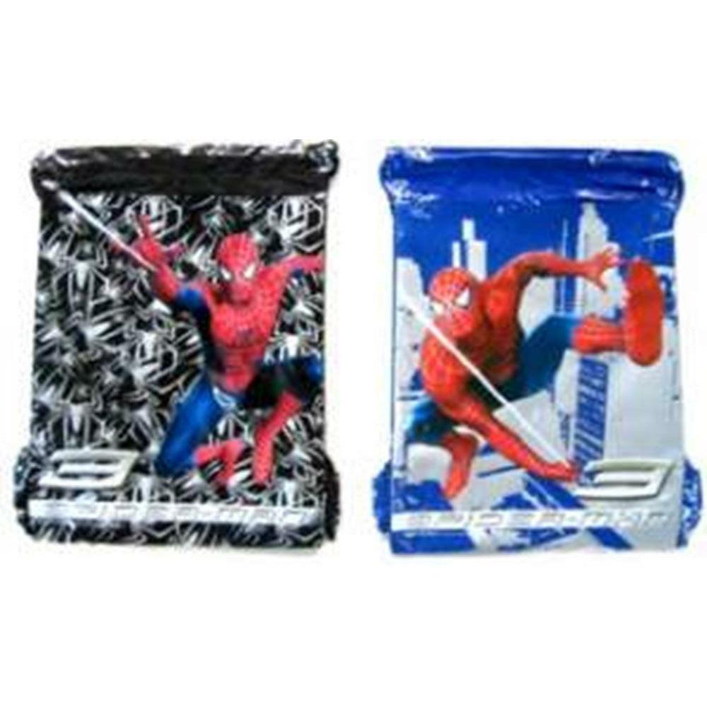 Two Spiderman string backpacks, one black with white spider webs and Spiderman in a crouching pose, the other blue with a.