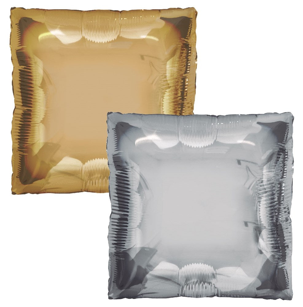Set of two 24-inch square foil balloons, one metallic gold and one metallic silver, with shiny reflective surfaces.