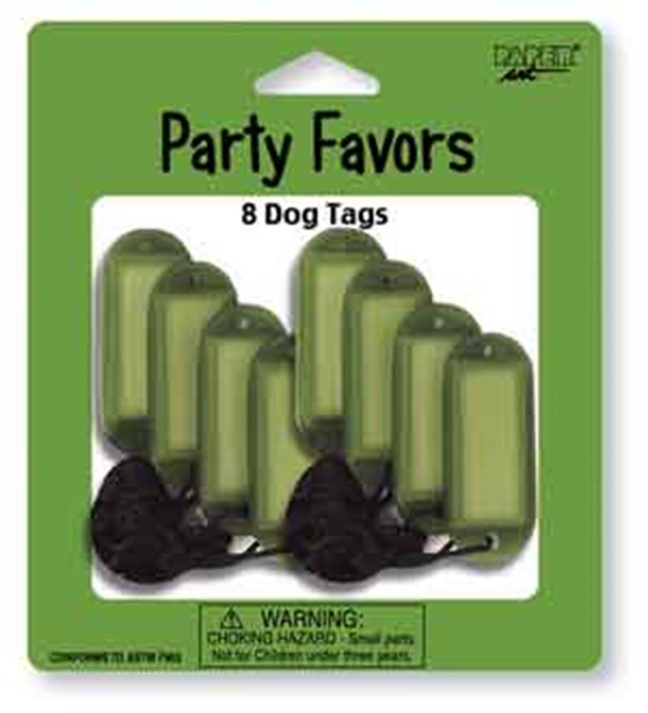 Set of eight olive green dog tags with black ball chain necklaces on green backing card labeled Party Favors.
