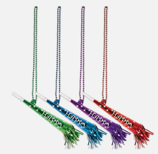 Four 13-inch metallic party horns in green, blue, purple, and red with matching fringes and "Happy New Year" lettering, each