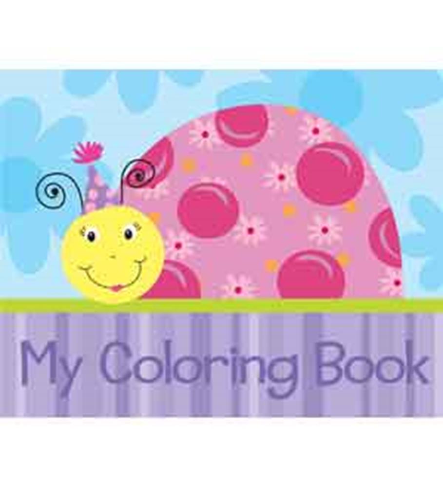 Colorful coloring book cover featuring a smiling pink ladybug with large spots on a blue background.