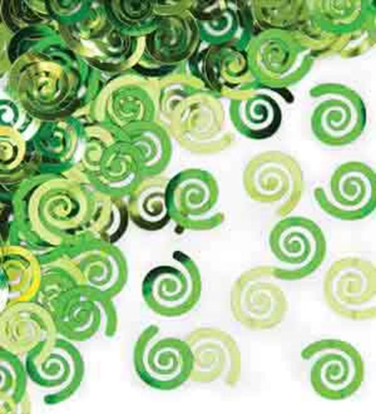 Green and lime spiral-shaped paper confetti with a shiny finish, animal-themed party decor.