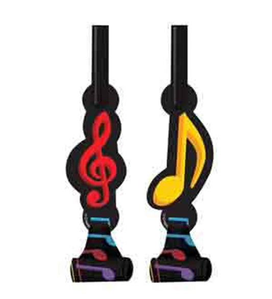 Black party blowouts shaped like dancing music notes with red treble clef and yellow eighth note designs.