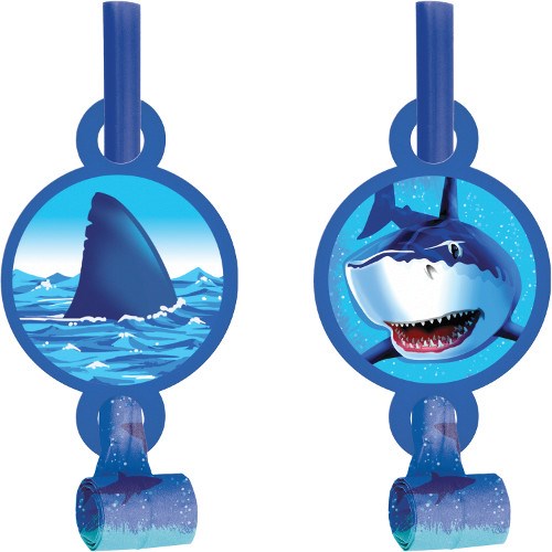 Blue circular party blowouts featuring a shark fin over ocean waves and a smiling shark face with teeth.