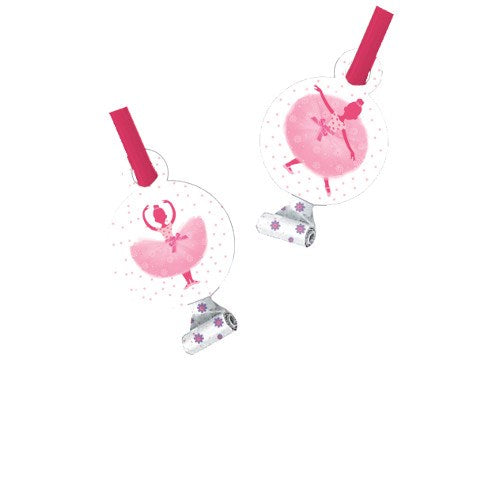 Pink and white balloon weights with tutu skirt design and attached curly ribbon, ideal for girls' birthday decor.