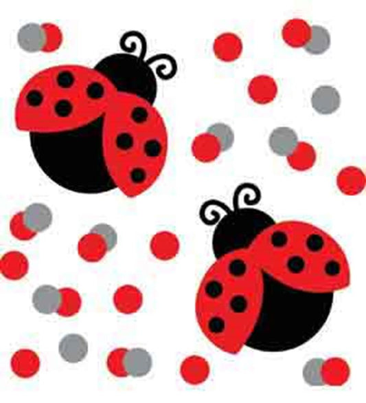 White confetti with red, gray dots and black-and-red ladybug designs for kids birthday decoration.