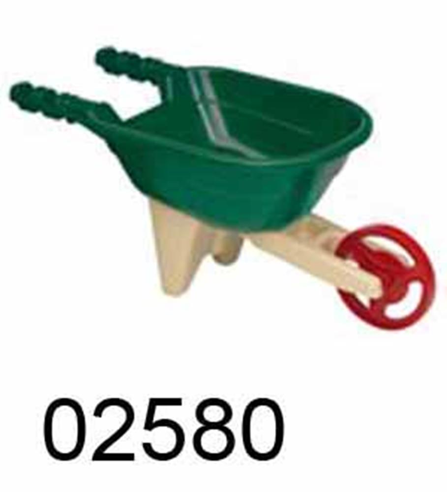 Green plastic wheelbarrow tray with beige wooden frame and red plastic wheel, two black handles.