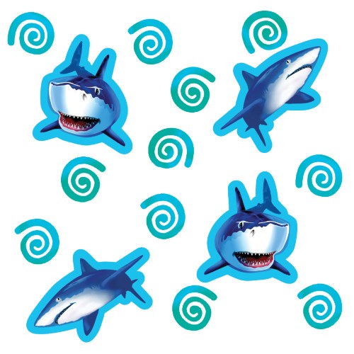 Blue shark-shaped confetti with white bellies and open mouths, scattered with teal swirl confetti pieces.
