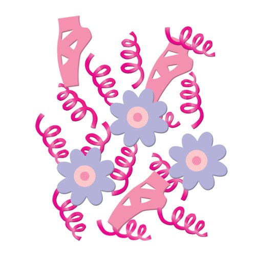 Pink confetti spirals mixed with purple flower shapes and pink ballet tutu cutouts.