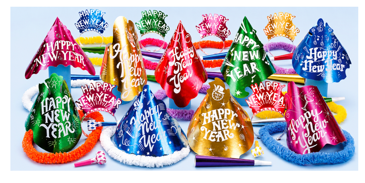 Colorful cone party hats with "Happy New Year" and "Happy 2021" text in various bright colors including red, pink, blue,.