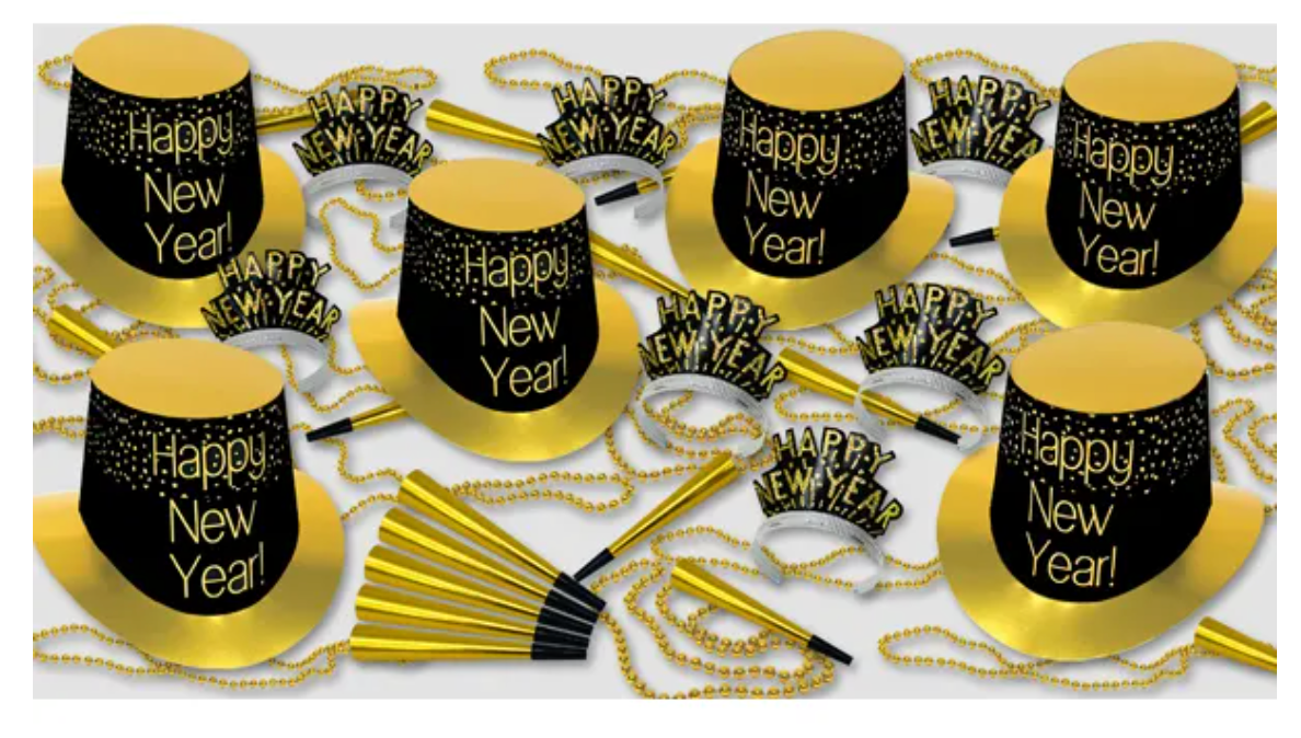 Black and gold party kit with “Happy New Year” cups, noisemakers, beaded necklaces, and party crowns for 50 guests.