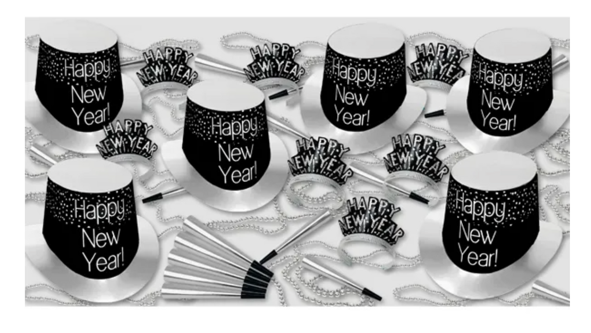 Black and silver New Year’s party hats, cups, blowouts, and tiaras with "Happy New Year" text, set for 50 people.
