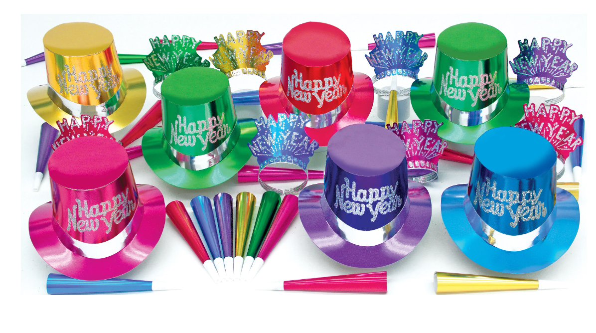 Ten colorful plastic party hats with "Happy Party" text, matching noisemakers, and metallic party blowouts arranged on a.
