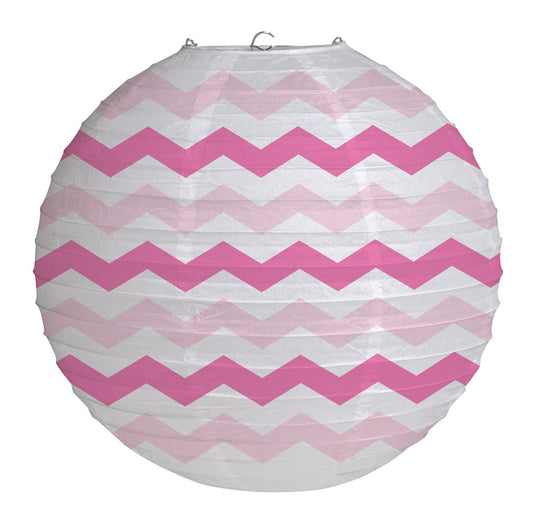 Round paper lantern with candy pink and white chevron stripes, 12 inches wide.