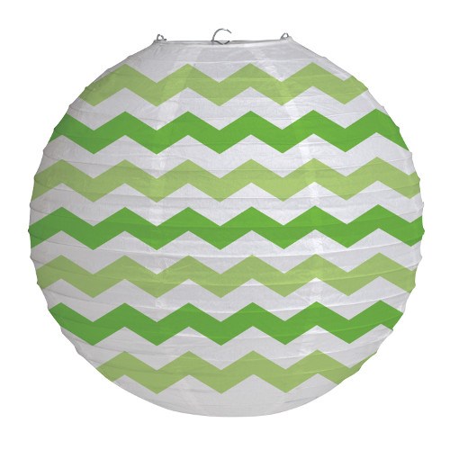 Round paper lantern with fresh lime green chevron stripes and dots pattern.