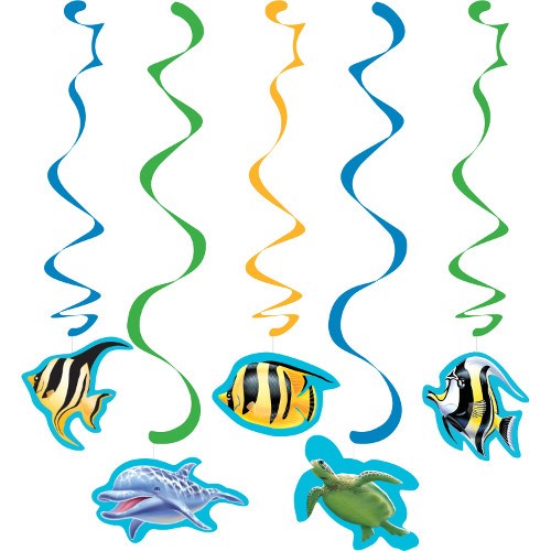 Colorful ocean-themed party danglers with hanging spirals and fish, dolphin, turtle cutouts.
