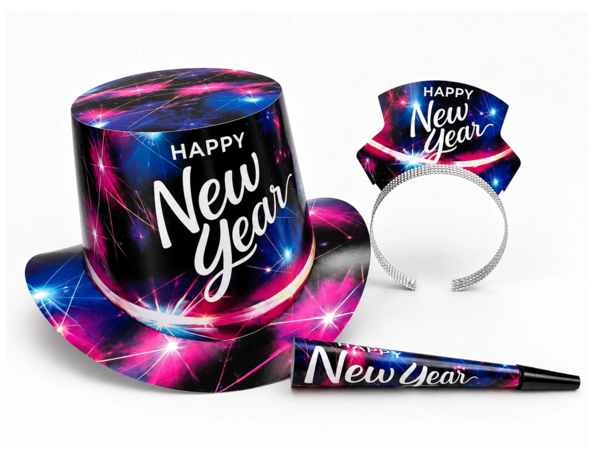 Black top hat, headband, and noisemaker with colorful fireworks and "Happy New Year" text in white.