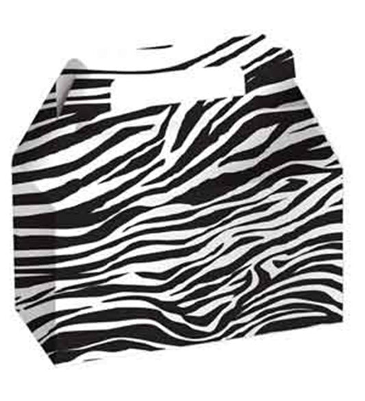 Octagonal black and white zebra-striped paper plate with foldable carry handles.