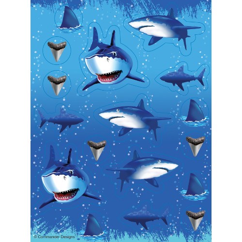 Sheet of four colorful shark-shaped splash stickers on blue background with water droplet patterns.
