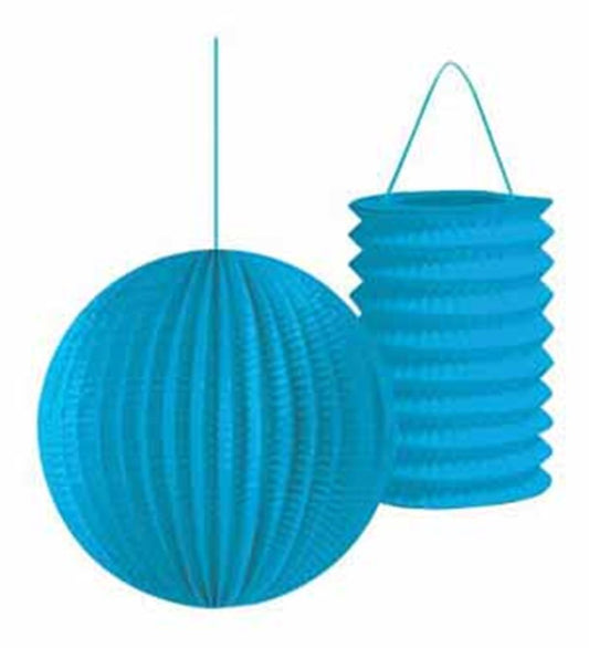 Bright blue paper lanterns, one round and ribbed, one cylindrical with accordion folds, hanging strings included.