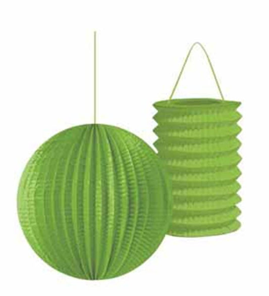 Two green paper lanterns, one round and ribbed, one cylindrical with accordion folds, both hanging with thin strings.