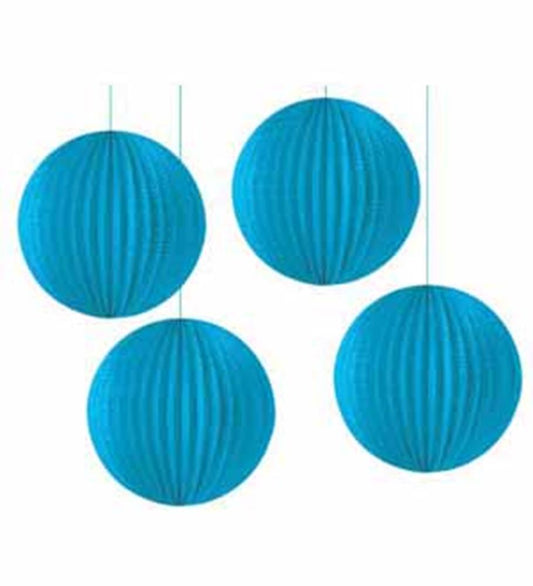 Set of four bright blue spherical paper lanterns with ribbed texture and hanging strings.