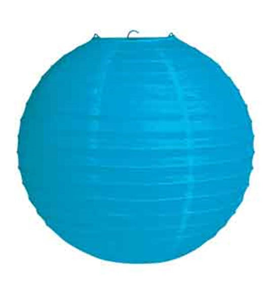 Bright blue round paper lantern with ribbed texture and metal frame, 12 inches wide.