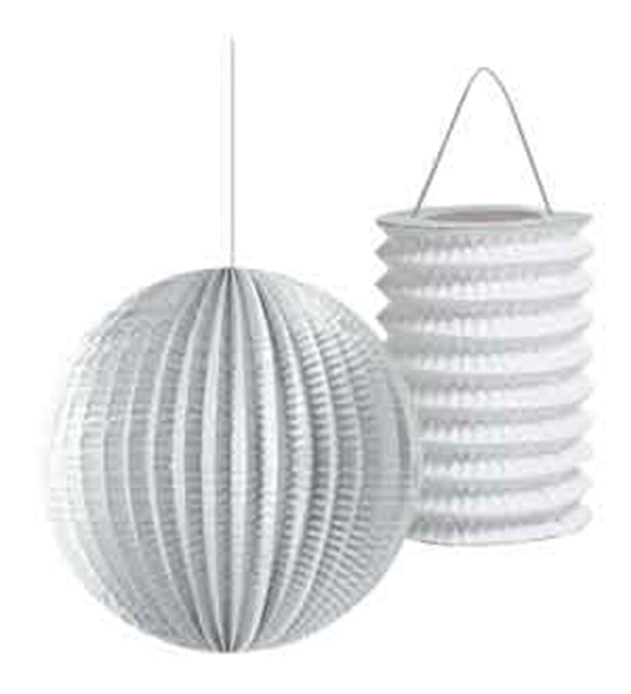 White corrugated paper lanterns in round and cylindrical shapes with hanging handles.